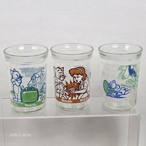 3 Welch's Tom & Jerry Jelly Jam Jars Glasses Cups Lot Cat Vintage 90s Decor